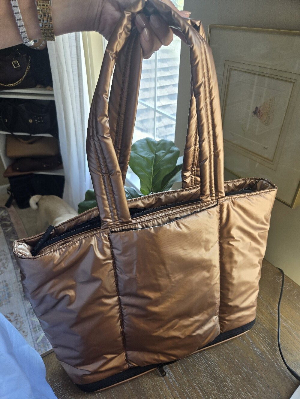 CALPAK Luka Expandable Laptop Tote Metallic Copper Bronze Travel Bag
